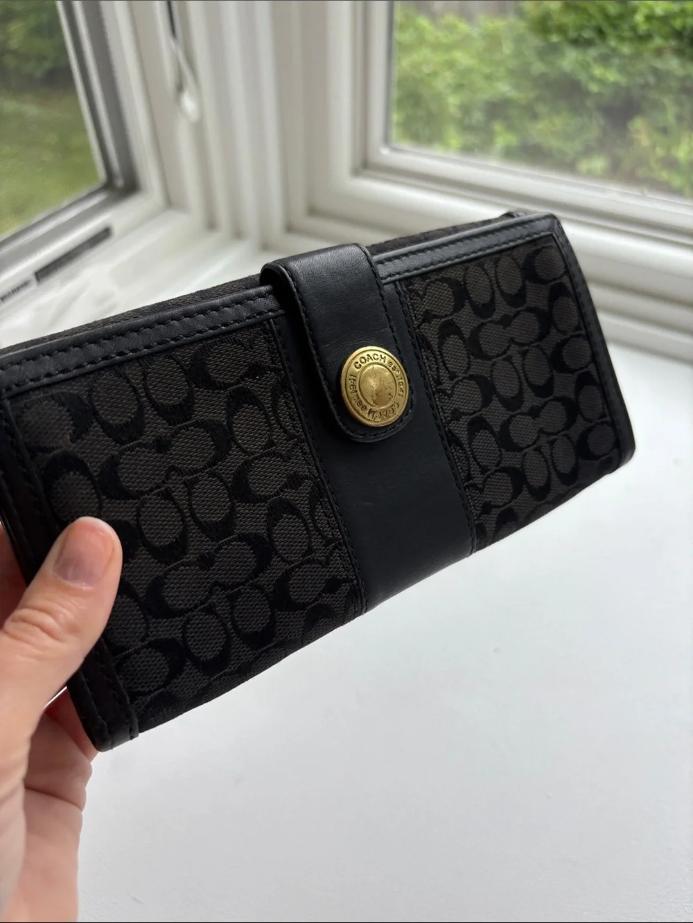 Coach Black Signature Canvas Continental Wallet with Gold Snap